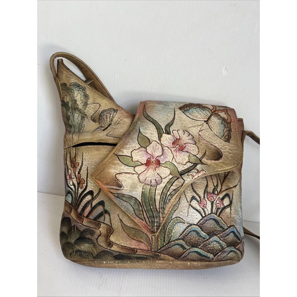 VTG Anuschka Hand Painted Leather Crossbody Bag Orchid Flower Butterfly